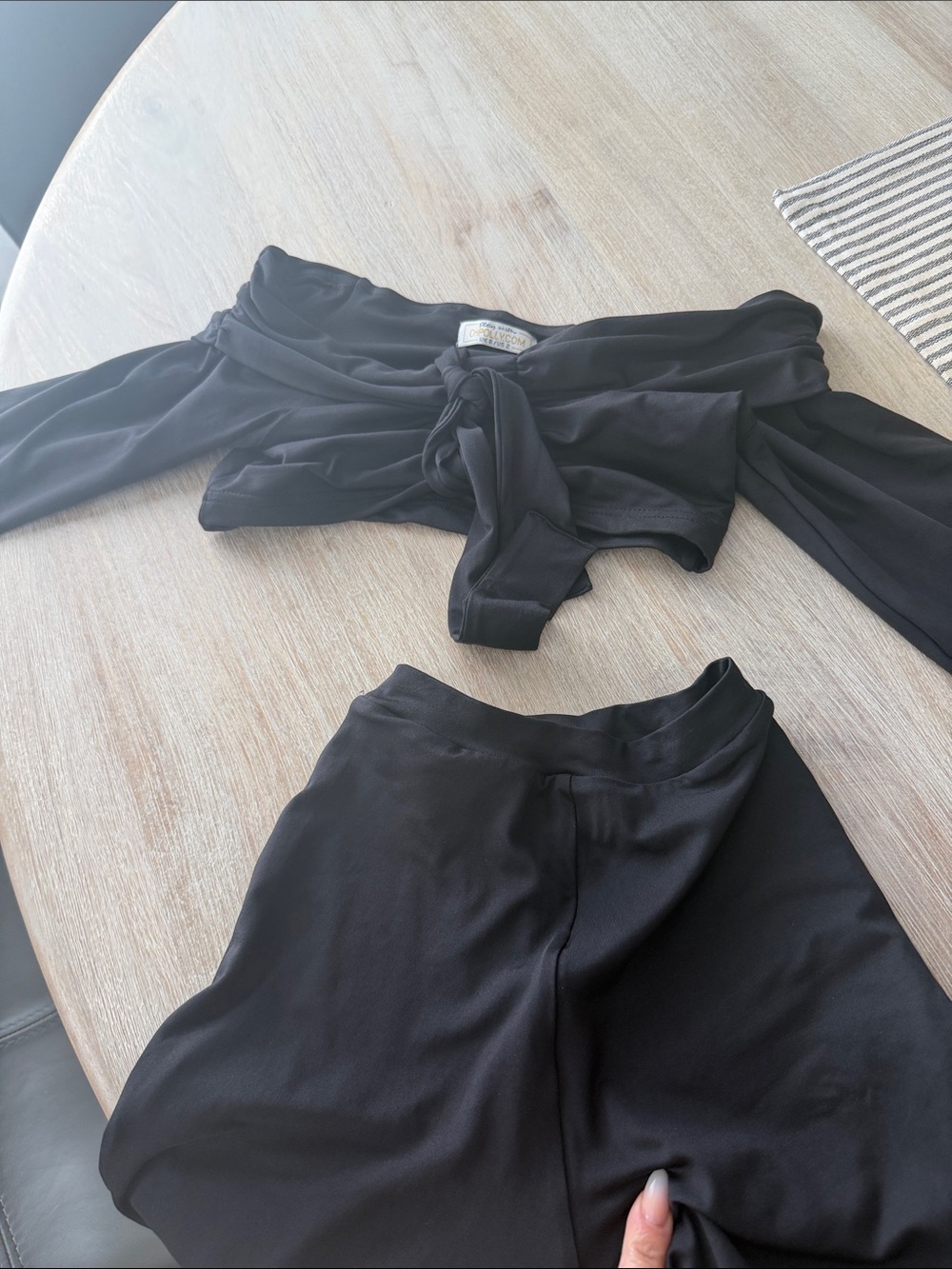 Oh Polly Black Off-Shoulder Tie Crop Top & High-Waist Pants Set